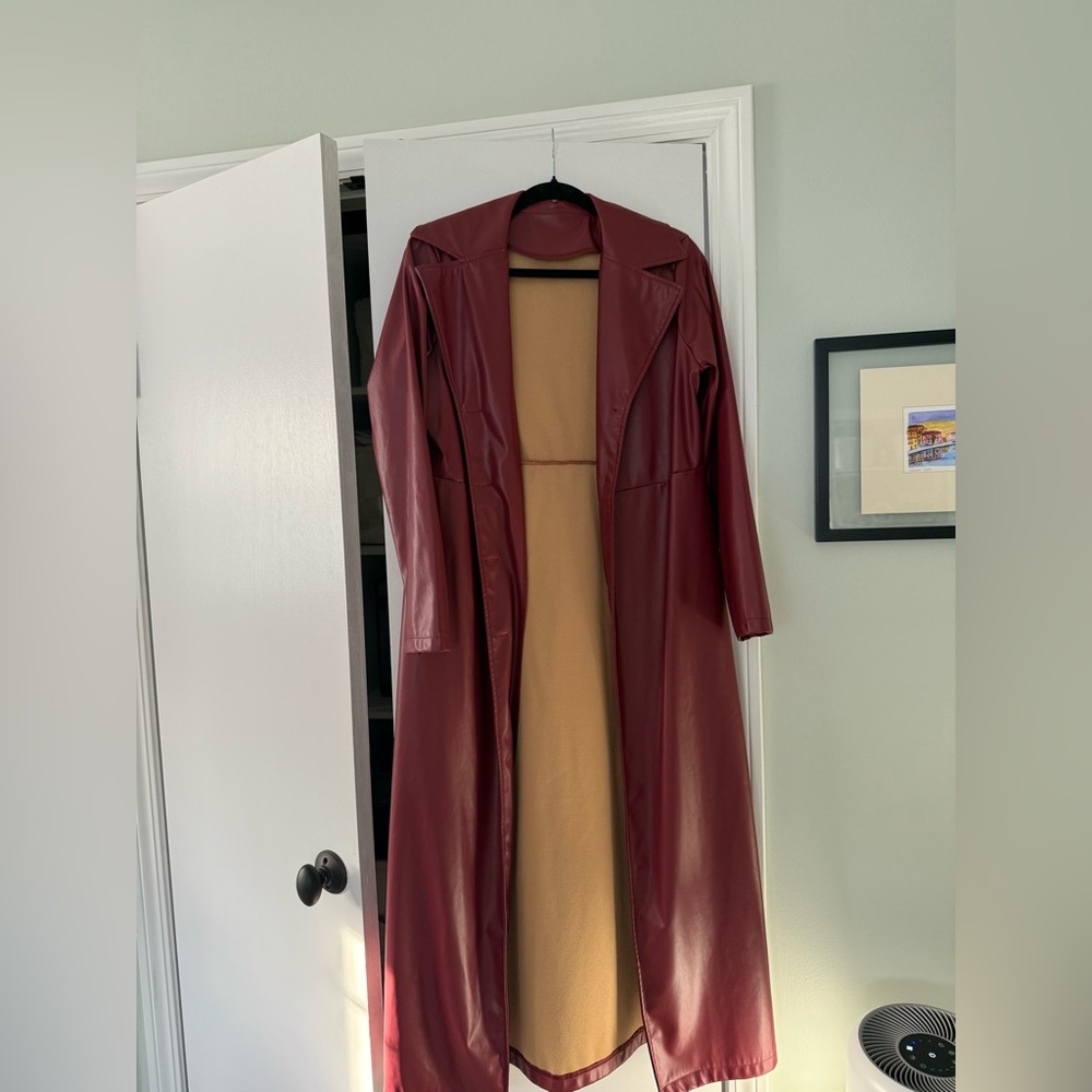 Amazon Women's Burgundy Faux Leather Trench Coat